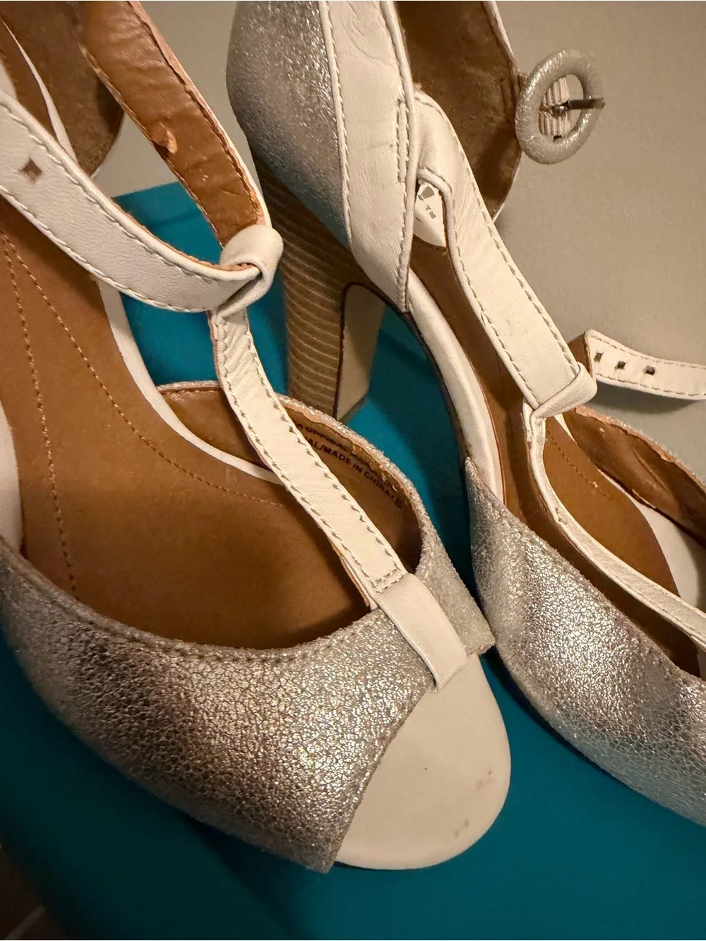 White and Silver T-Strap Mid Heel Pumps